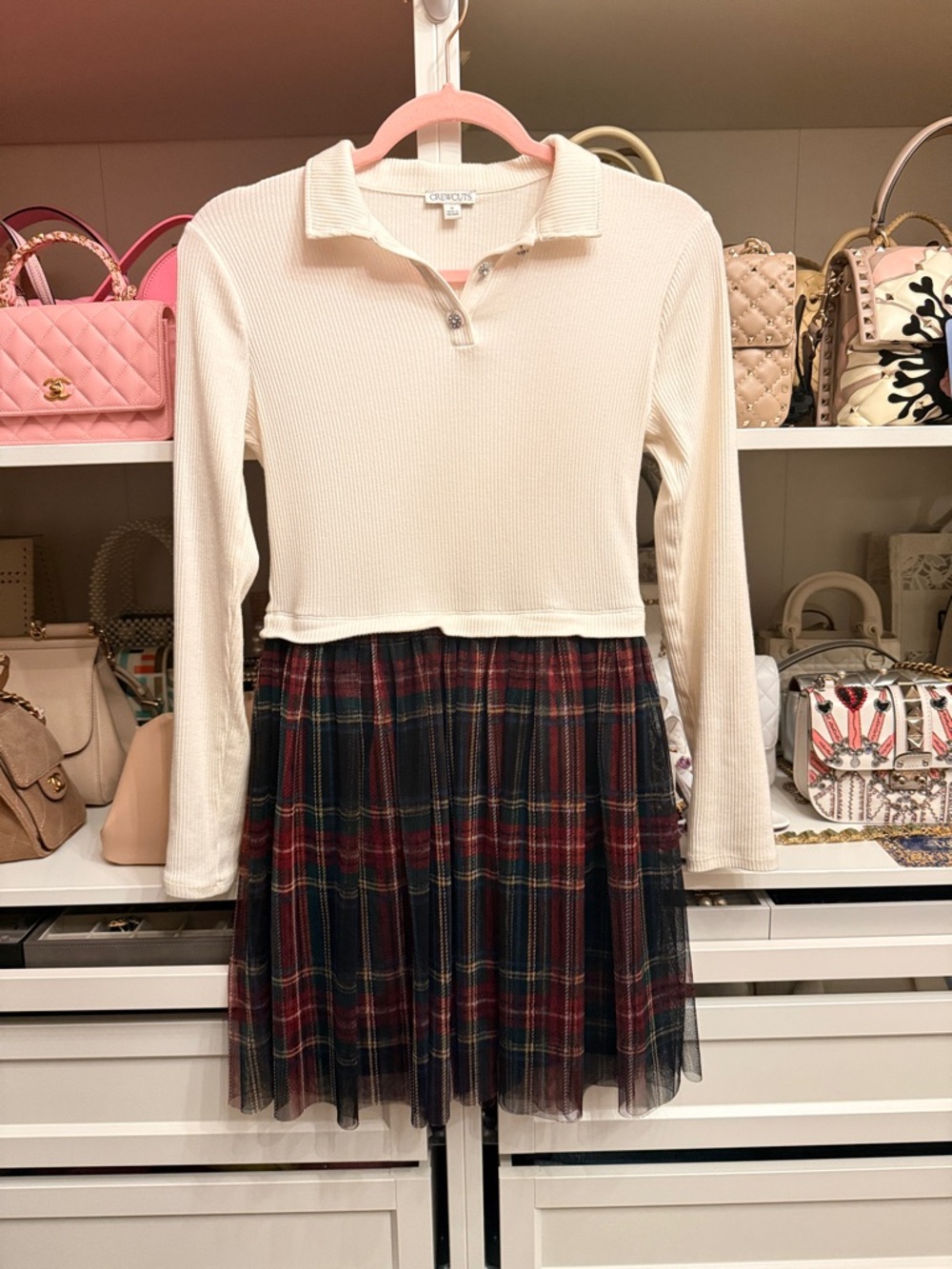 Crewcuts Cream Knit Collared Top with Red and Green Plaid Tulle Skirt